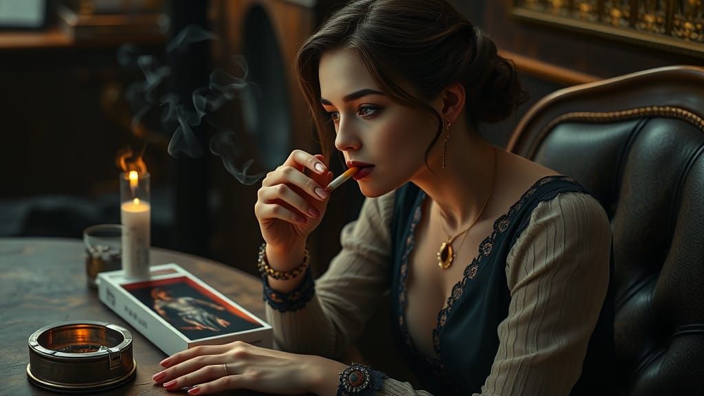 Elegant Woman's Smoking Reflection in a Haunting Fantasy Sce...