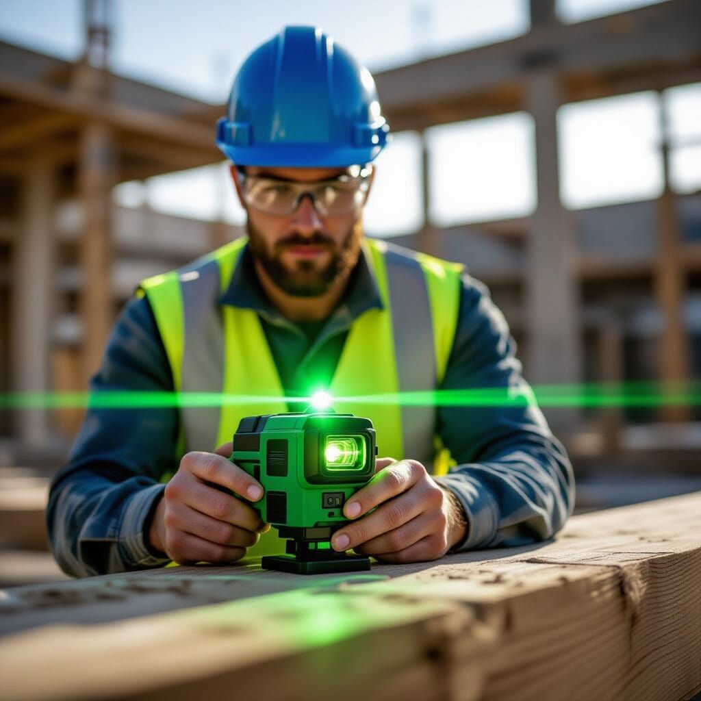 Laser Level in Use: Construction Worker Adjusts Bright Green...