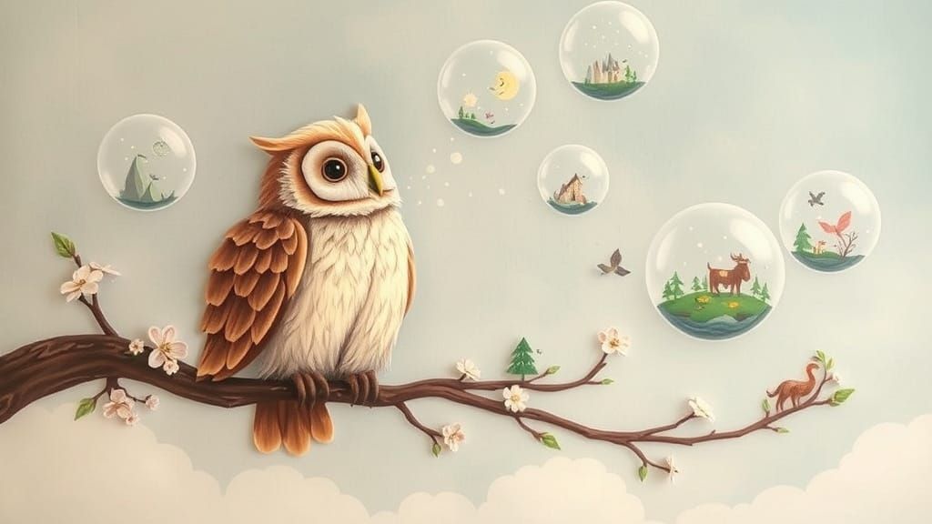 Owl Blowing Bubbles with Miniature Worlds
