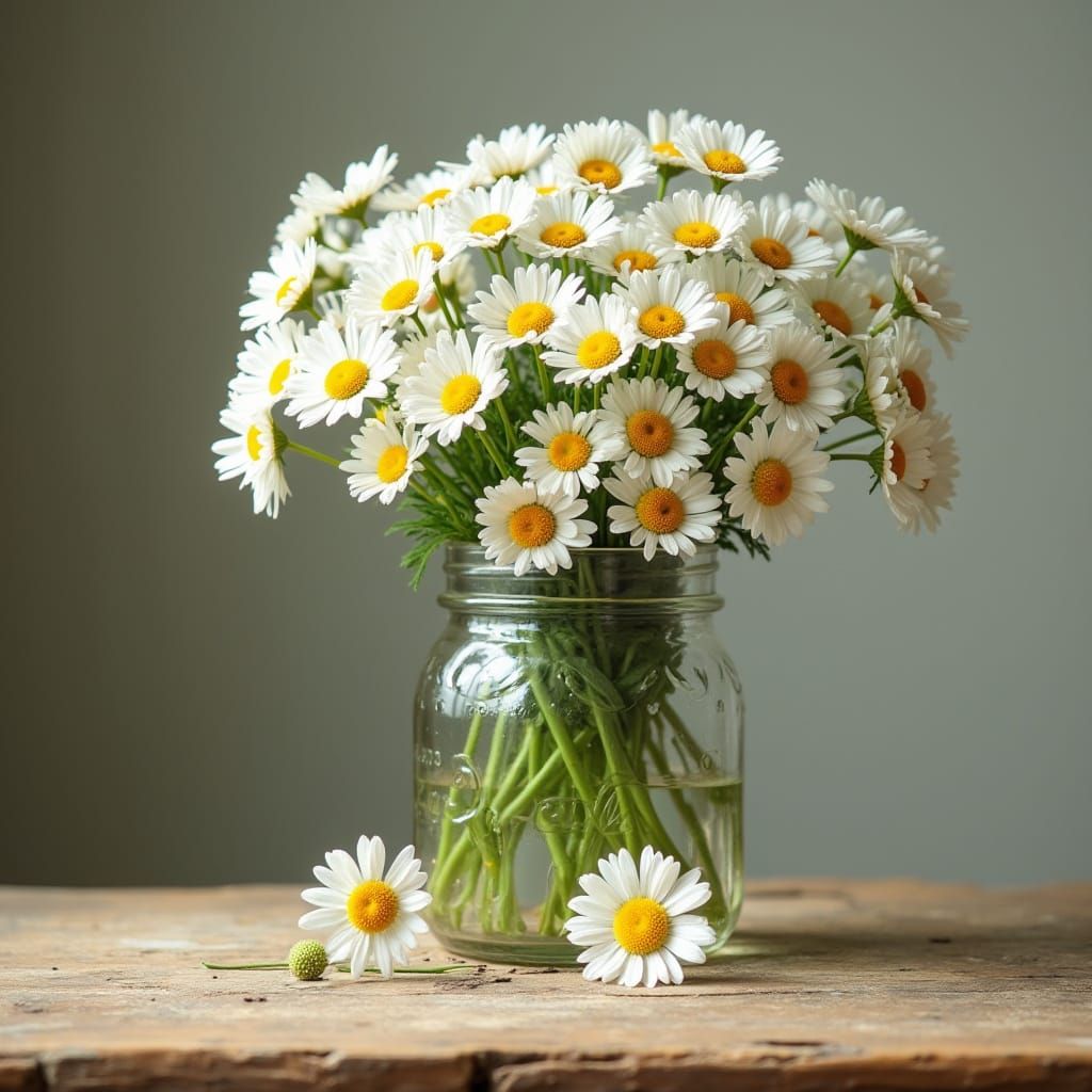 Whimsical Glass Jar Filled with Fresh White Daisies in Folk-...