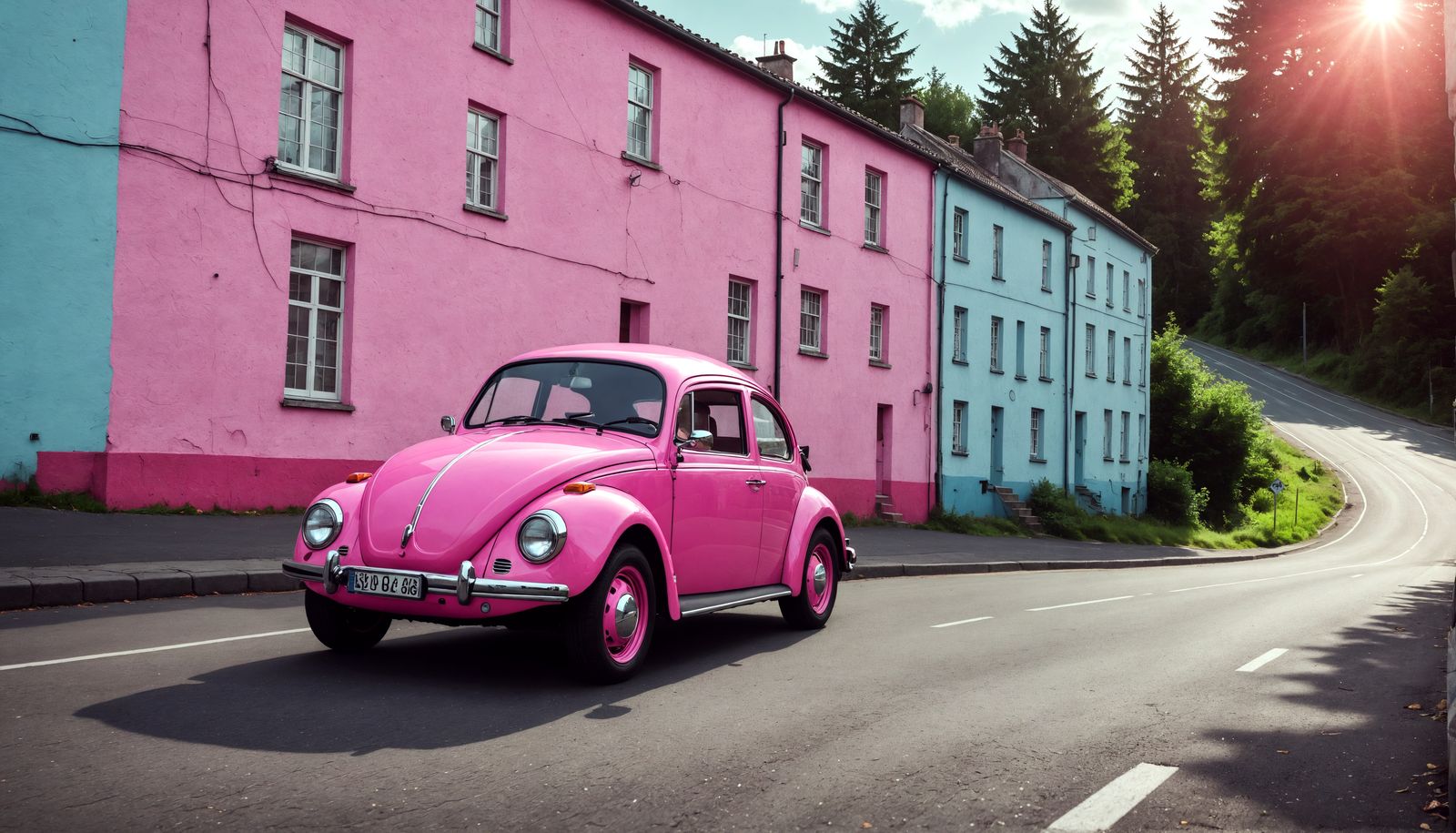 Pink VW Beetle Car in Hyperrealistic HDR