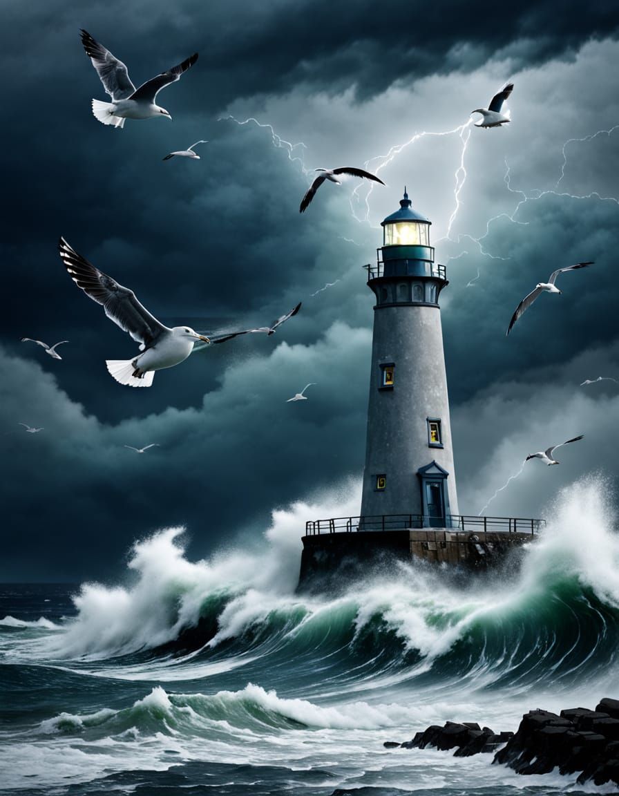 Lighthouse in Turbulent Seas, Dark Stormy Night