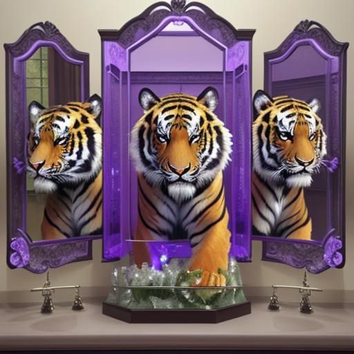 Three Mirrored Tigers Reflecting in Purple