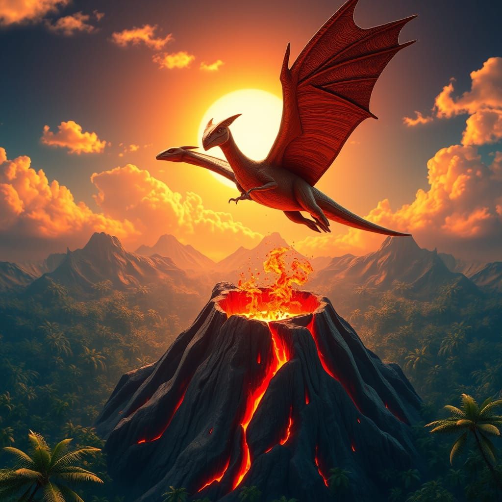 Pterodactyl Soaring Above Prehistoric Jungle, 3D Sculpture