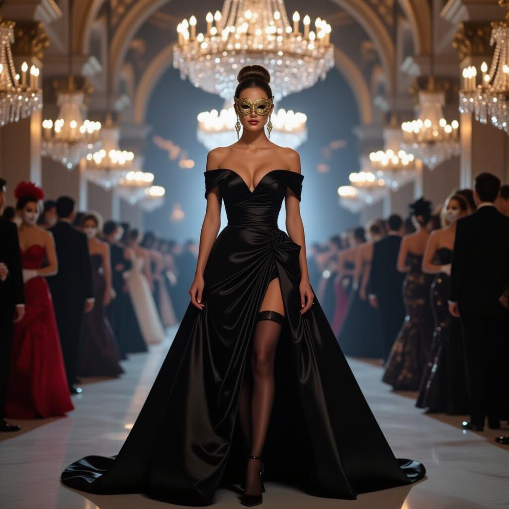 Brunette in Black Gown at Masquerade Ball