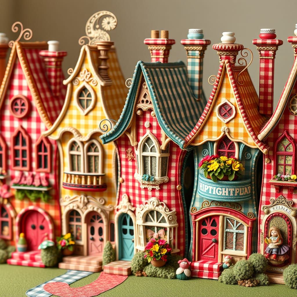 Vibrant Gingham Row Houses in Whimsical Art Nouveau Style