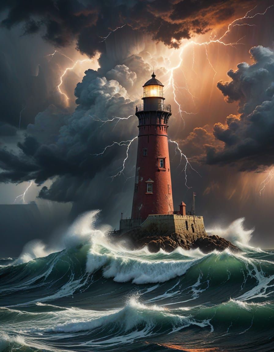 Dramatic Lighthouse and Frigate in Stormy Seas Painting