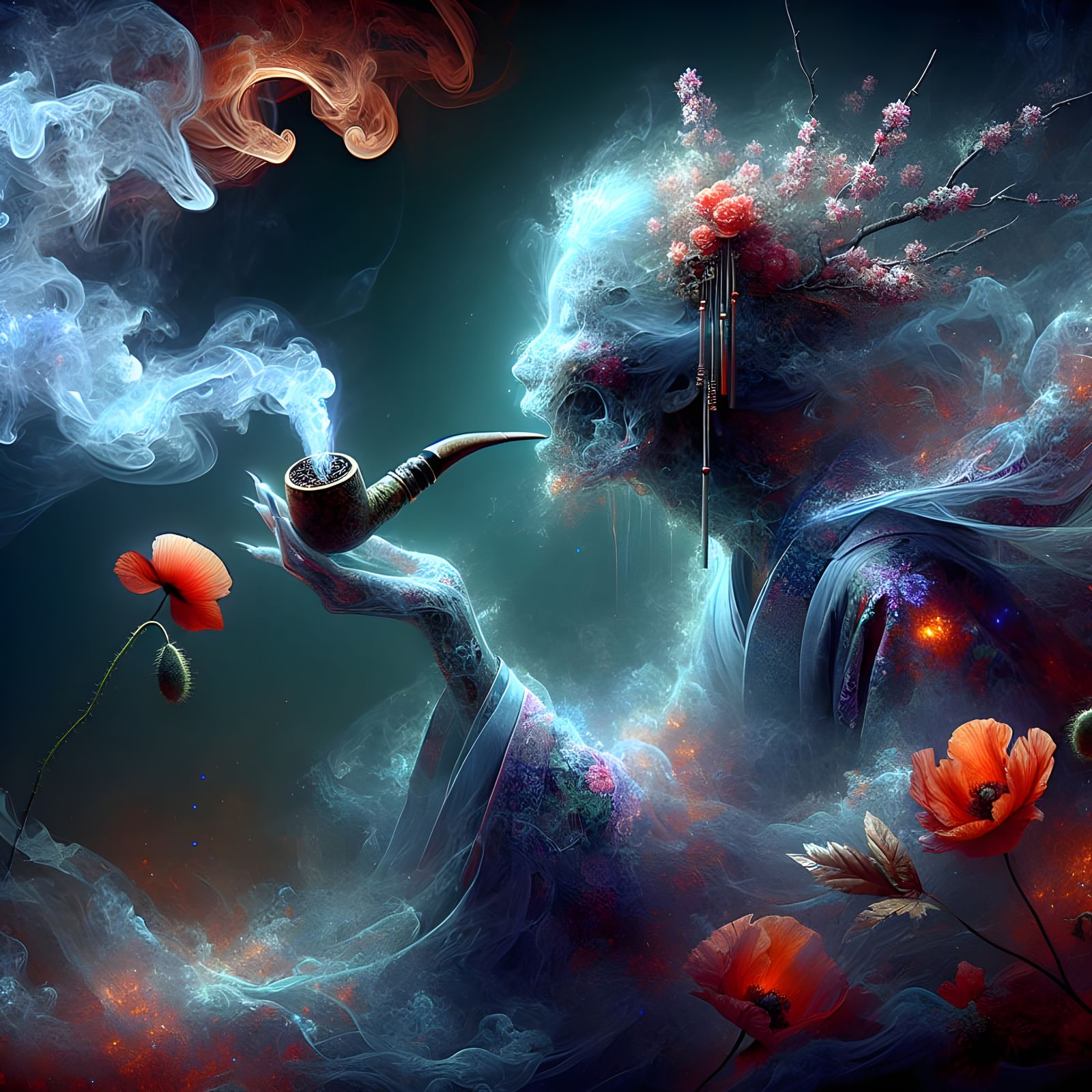 Ethereal Geisha Smoking Pipe: Digital Matte Painting