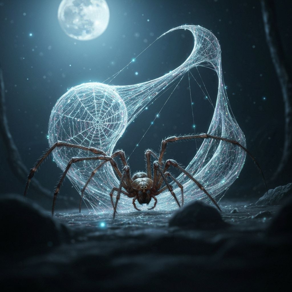 Spider Weaves Ethereal Silk Sculptures in Moonlight