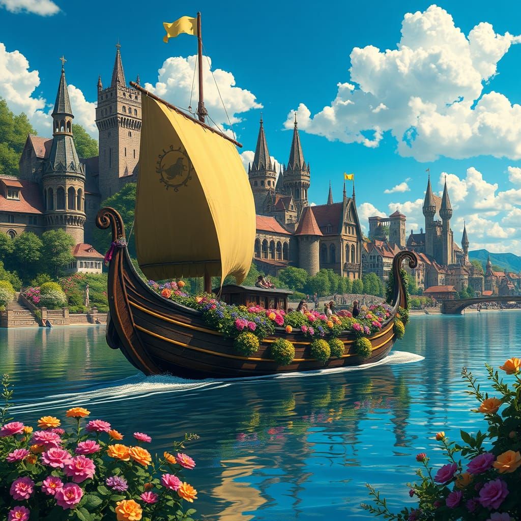 Flowered Medieval Boat Sails Through Sunny City
