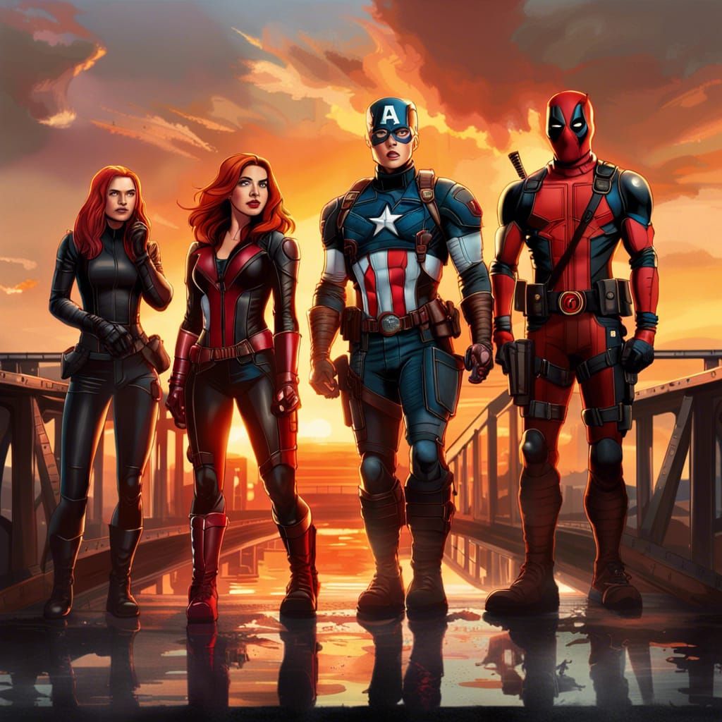 Marvel Heroes on Bridge at Sunset: Splash Art