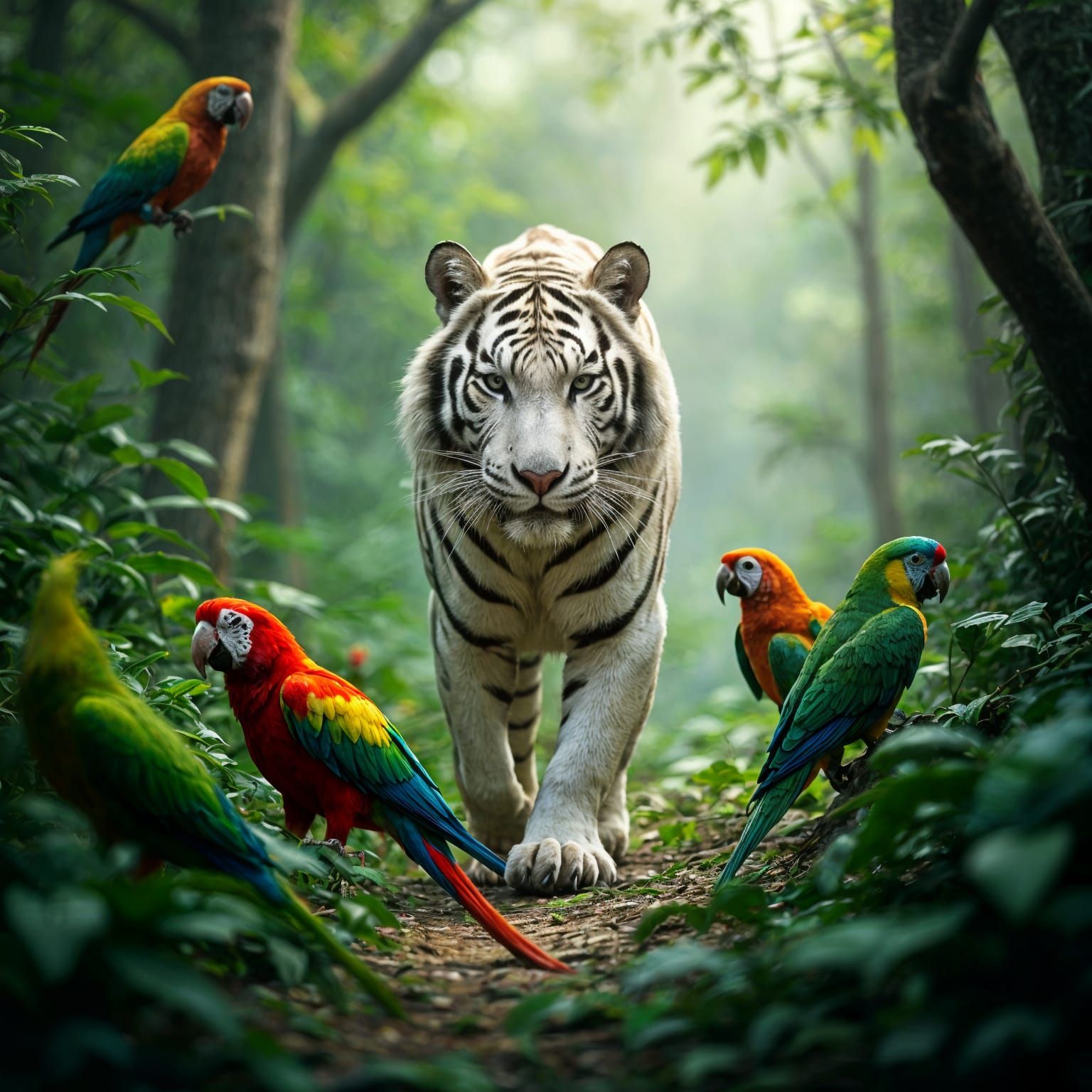 Regal White Tiger Strolls Through Jungle Paradise