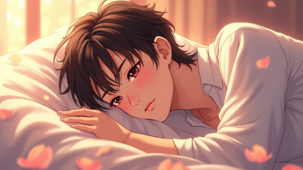 Dreamy Anime Man on Silk Sheets
