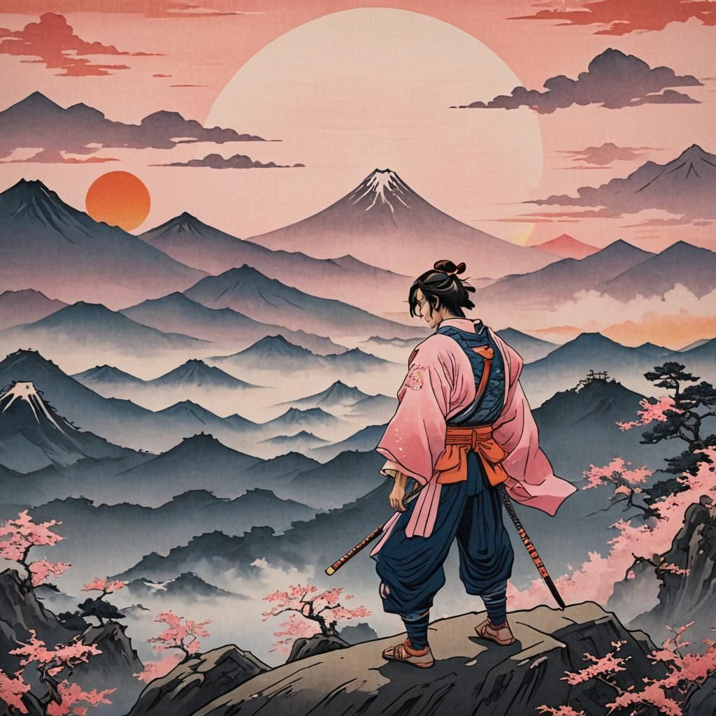 Samurai Sunset in Ukiyo-e Japanese Print Style