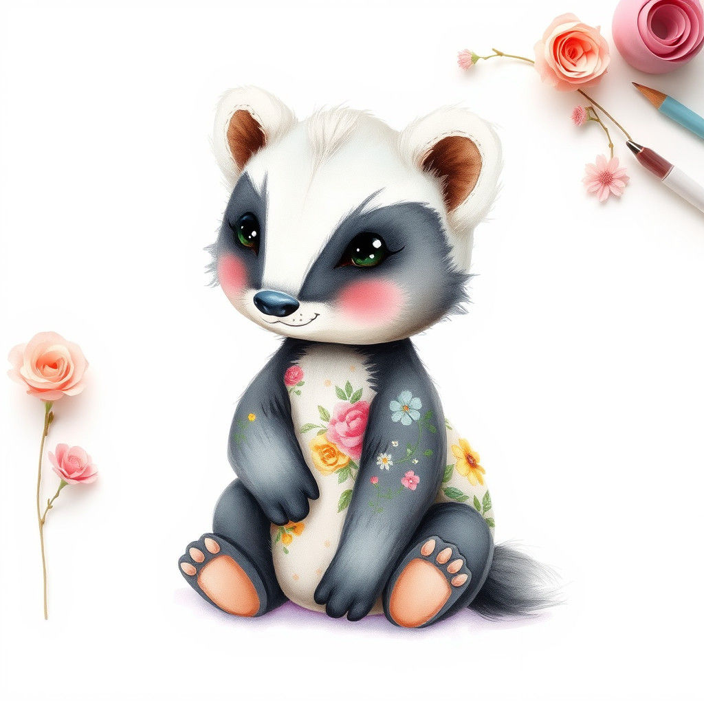 Floral Patchwork Baby Skunk in Watercolour Style