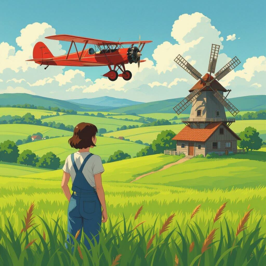 Woman in Field with Biplane, Anime Style