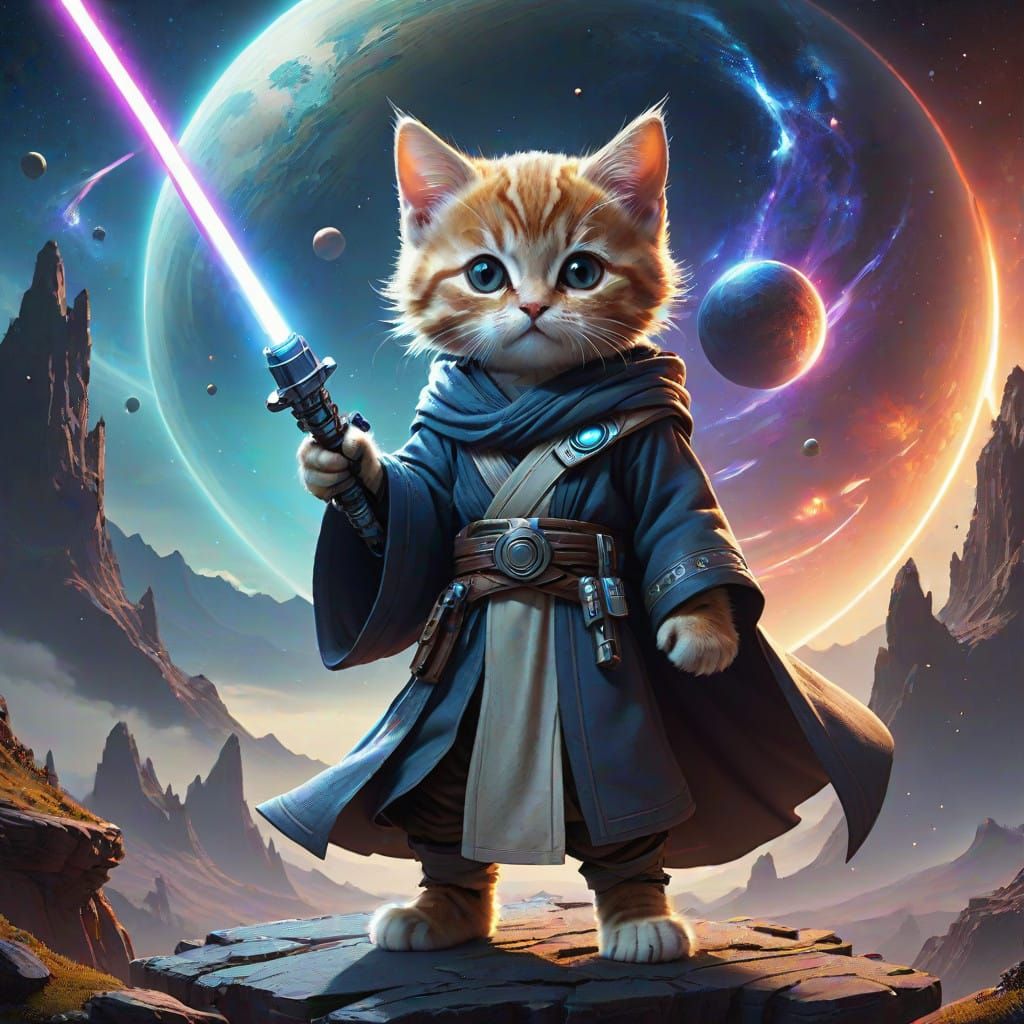 Heroic Kitten Jedi Embarks on Cosmos Quest in Vibrant Galaxy...