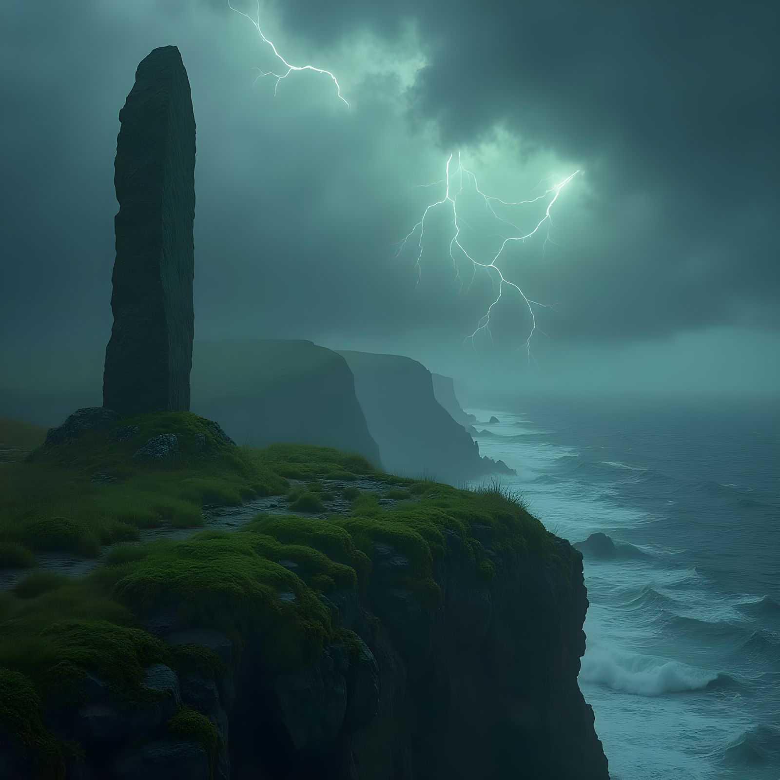 Majestic Menhir Surrounded by Turbulent Stormy Seas