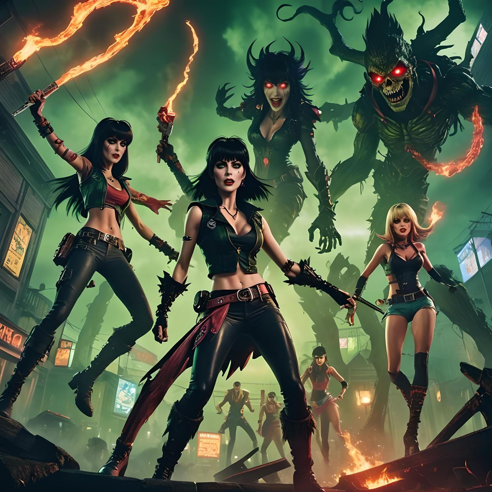 Elvira, Ash, and Chainsaw Battle the Upside Down