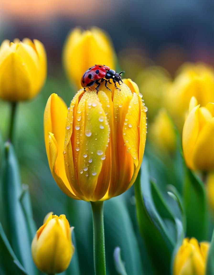 Ladybug on Dewy Tulips: Macro Photography