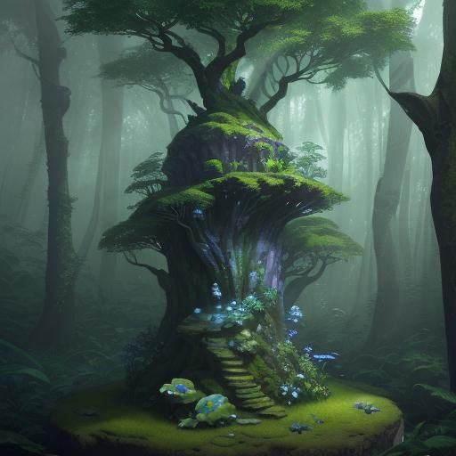 Green Turtle Plays Flute in Misty Forest