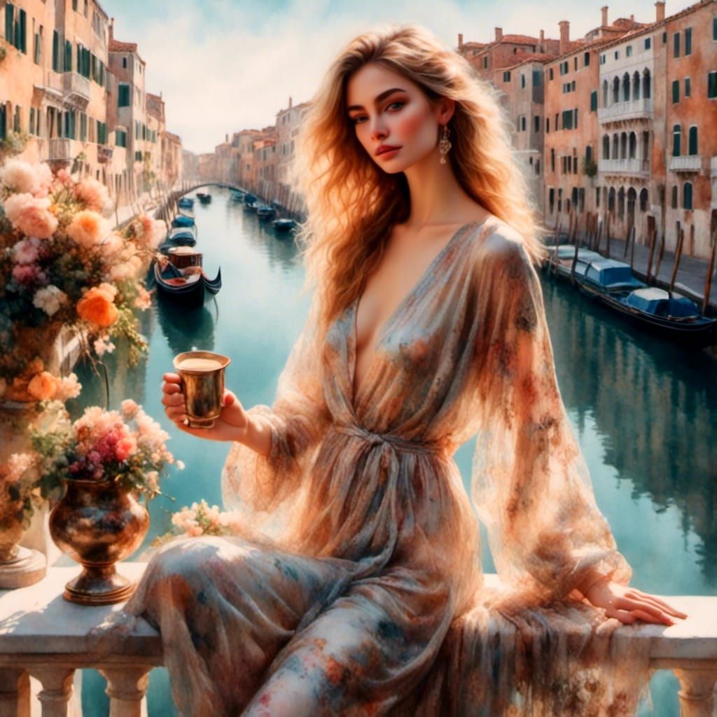 Elegant Woman on Balcony Overlooking Venice Canal