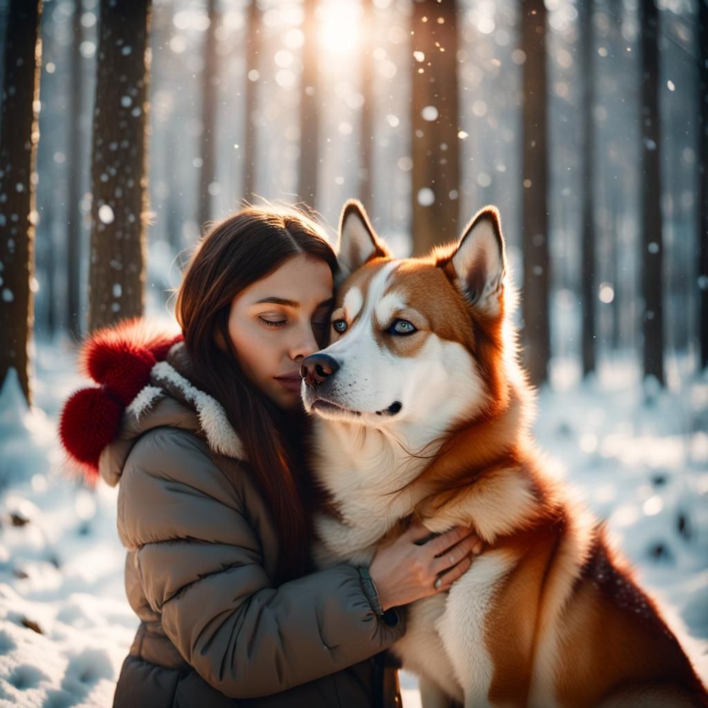 Girl Hugs Husky in Snowy Forest, Cinematic Style