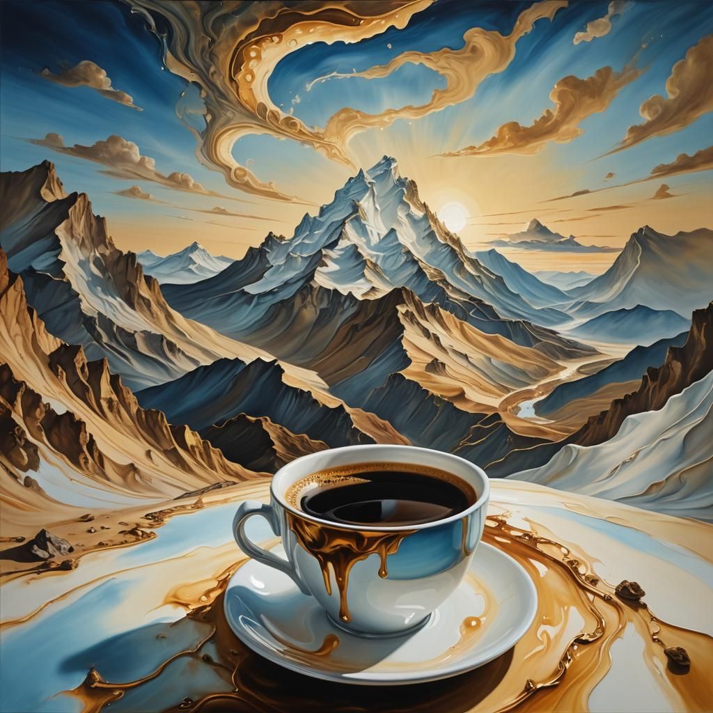Surreal Coffee Cup Mountain Dreamscape as Oil Painting