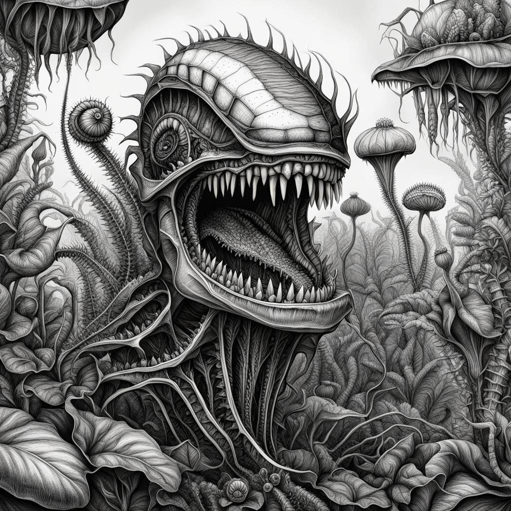 Biomechanical Venus Flytrap in Detailed Ink Drawing