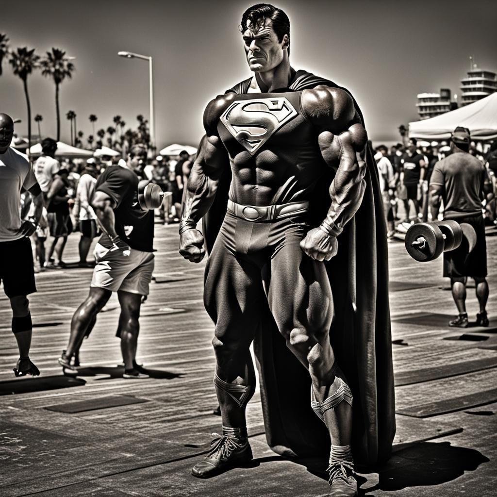 Superman Blends in at Muscle Beach: Hyperrealistic Scene