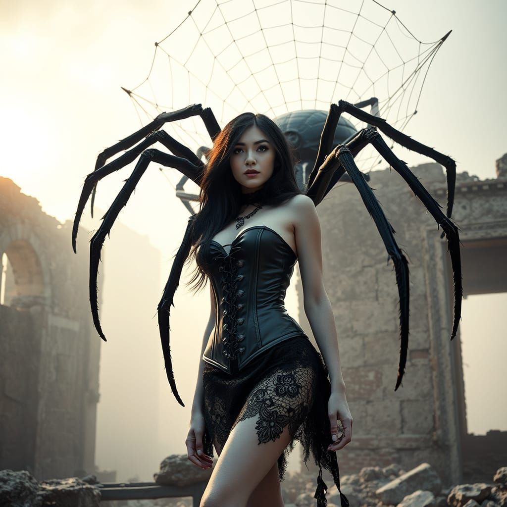 Woman in Ruins with Giant Spider