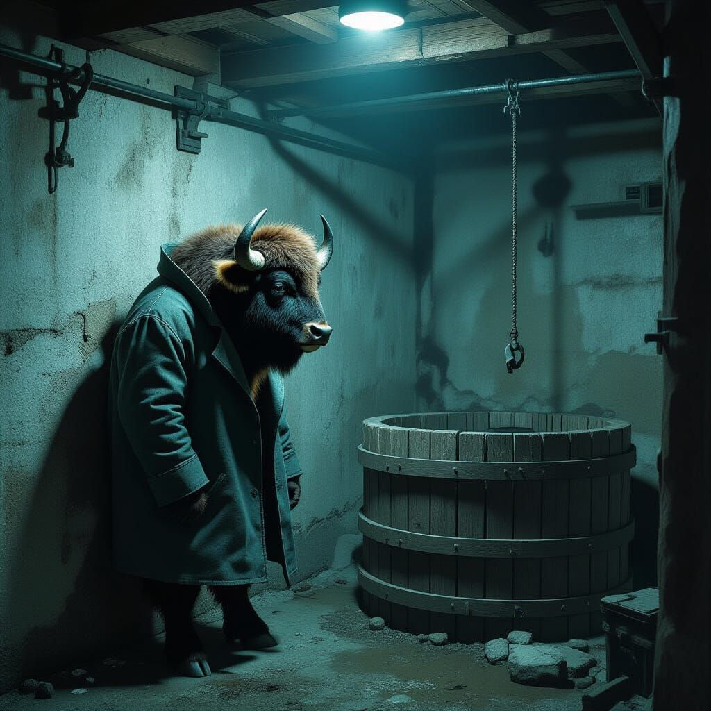 Buffalo in Dimly Lit Basement: Hyperreal Digital Art