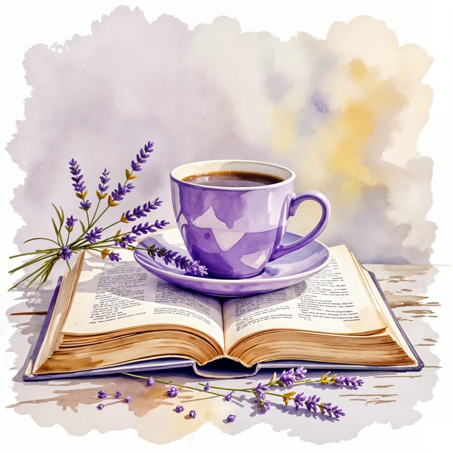 Lavender Coffee and Book in Watercolor Style