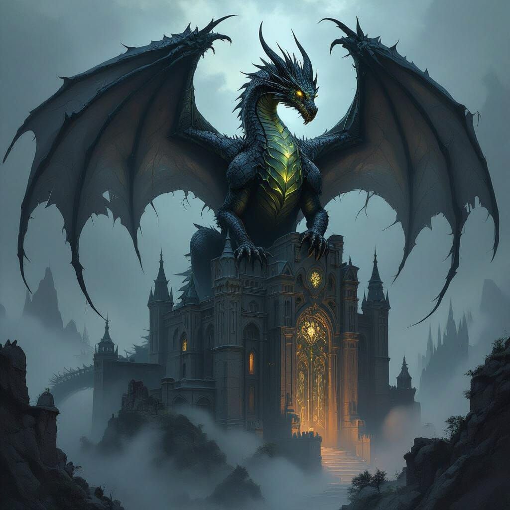 Ancient Dragon on Art Nouveau Citadel in Dark Fantasy Style
