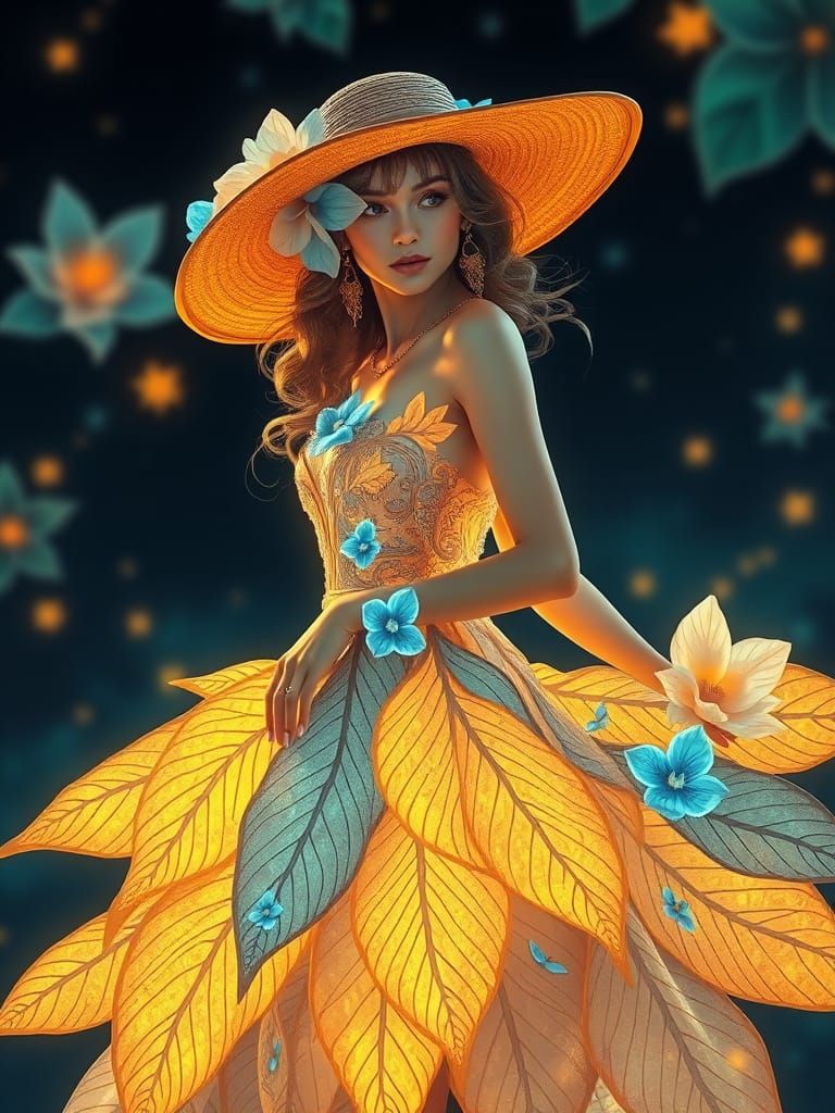 Art Nouveau Elegance: Woman in Flowing Leaf Dress