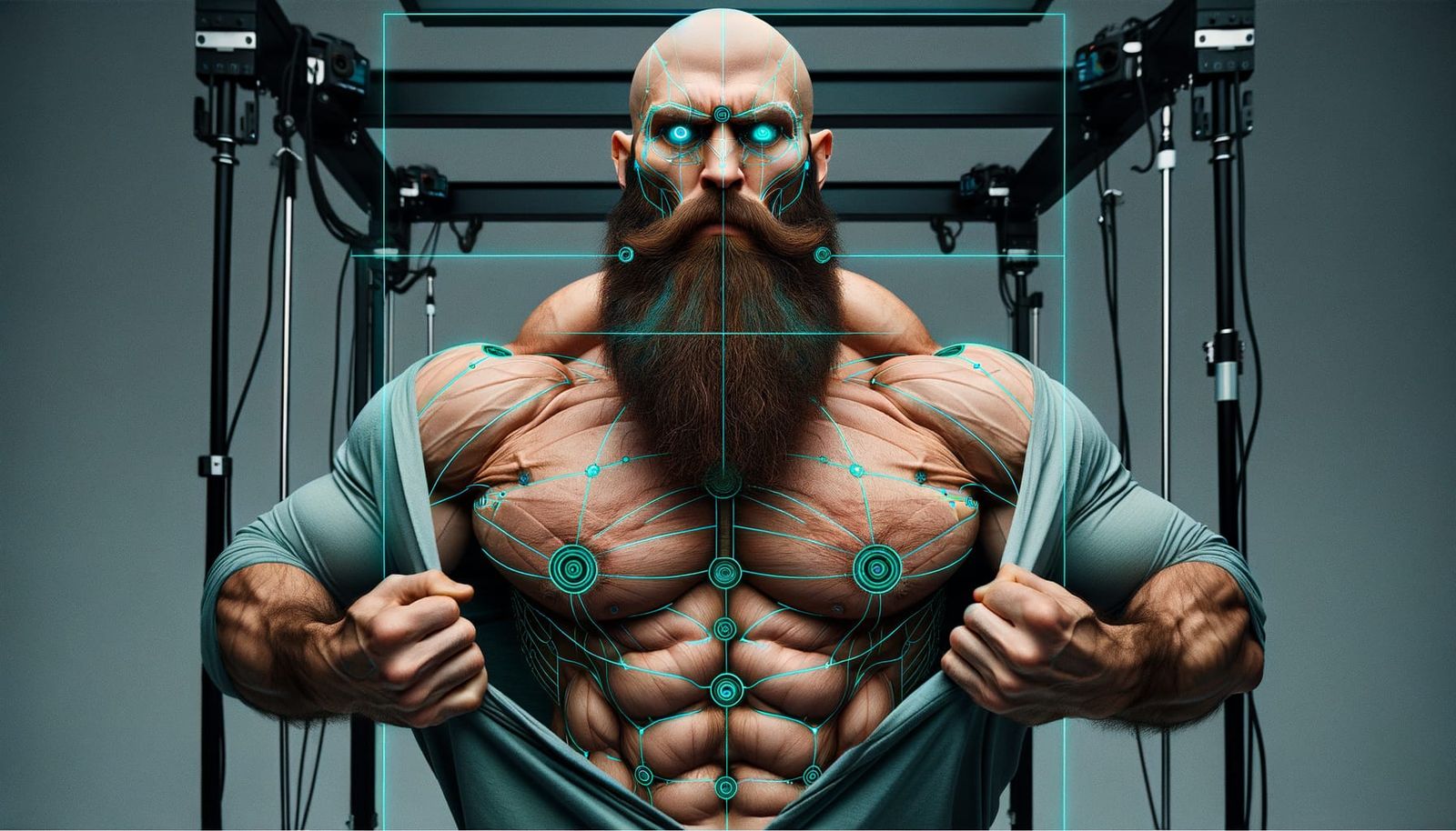 Angry Muscular Man with Cybernetic Implants in Turquoise