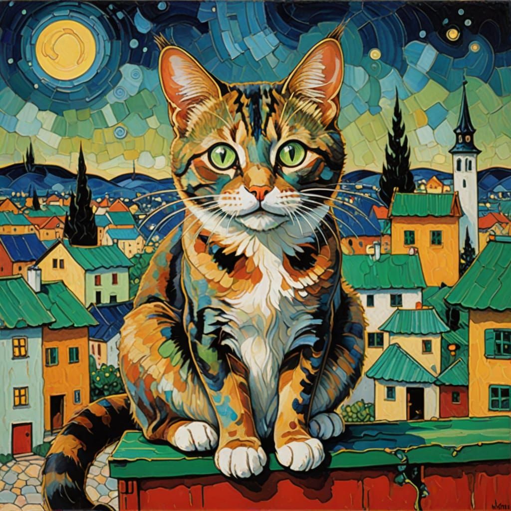 Vibrant Multi-Colored Cat on a Rustic Tin Roof