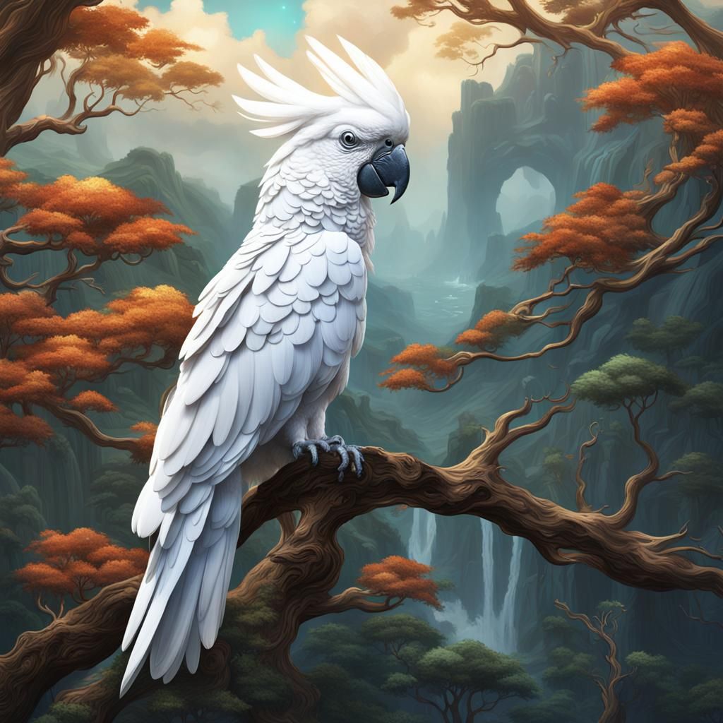 White Cockatoo on Branch in Detailed Matte Painting