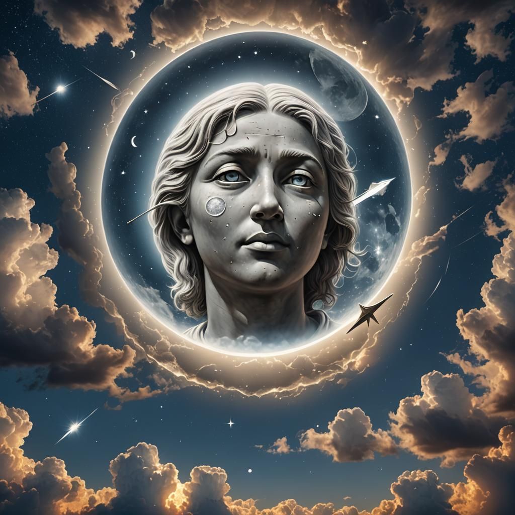 Sentient Moon Shot with Arrow in Night Sky