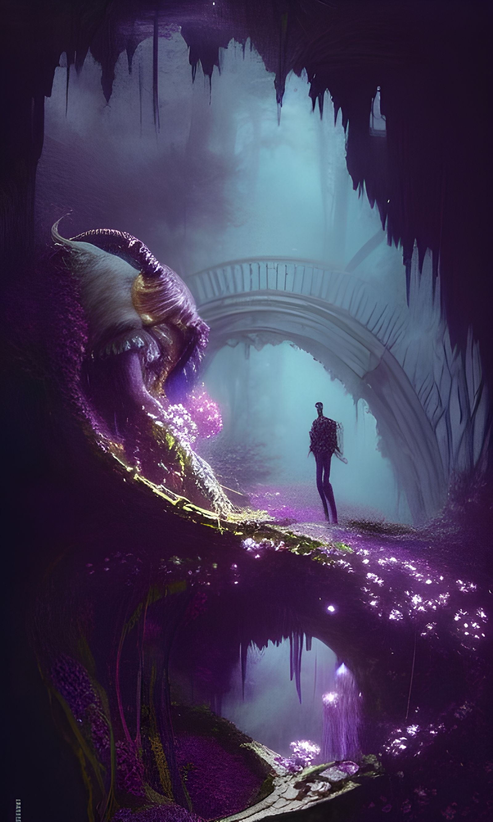 Purple Fantasy Cave with Glowing Flowers, Surreal Illustrati...