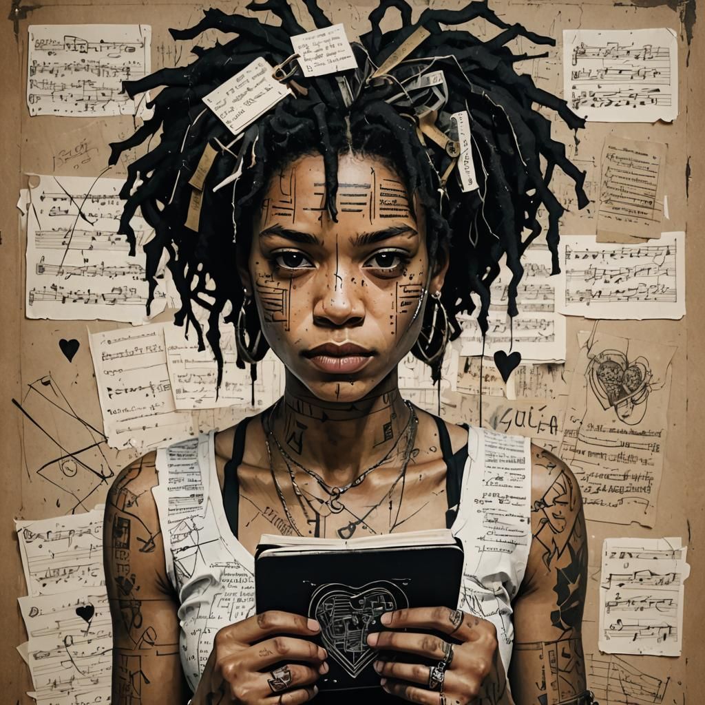 Woman with Heart Tattoos in Basquiat-Inspired Mixed Media