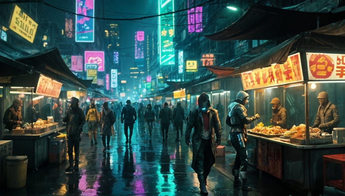 Cyberpunk Neon Market at Night in Rain