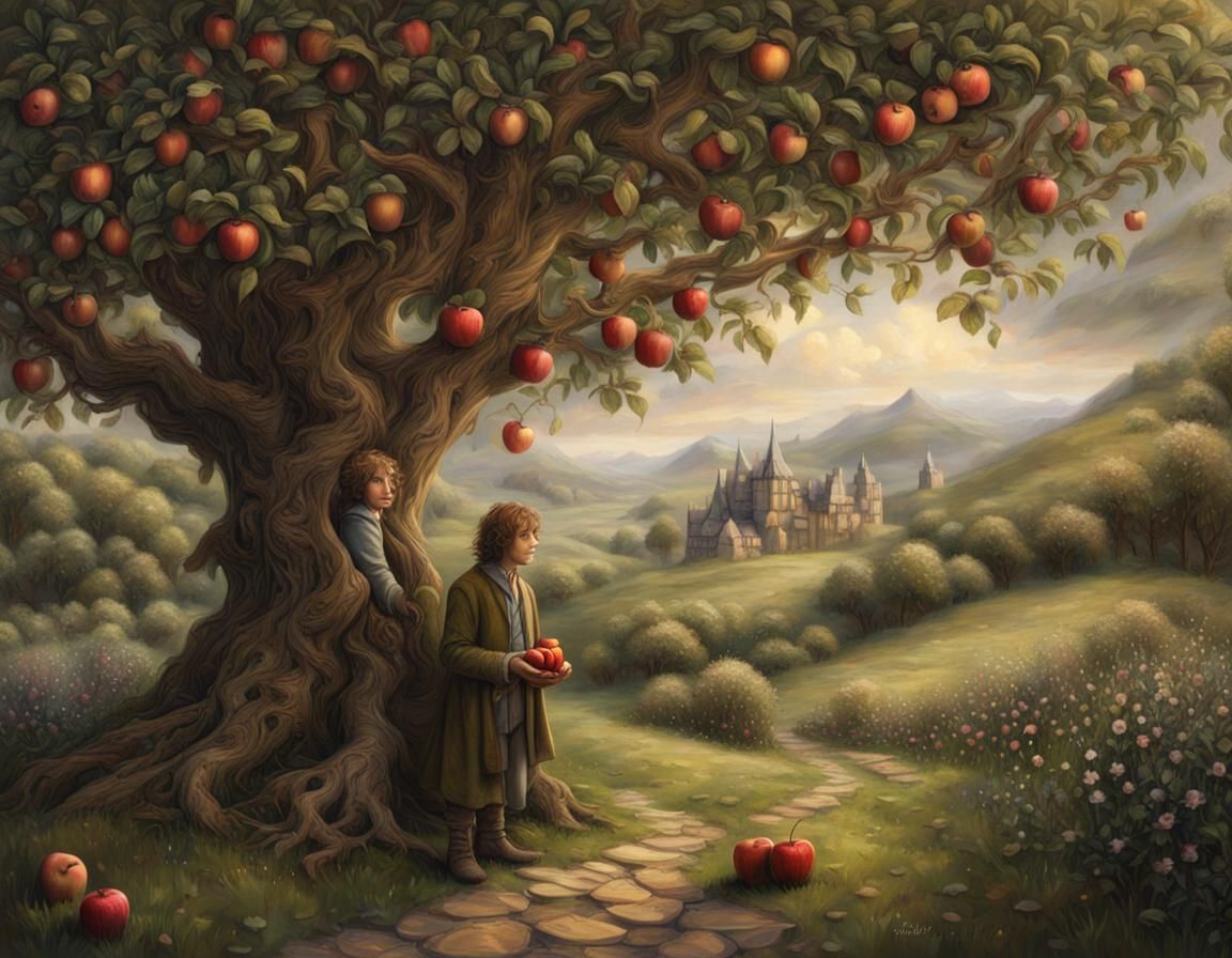 Hobbit in Middle Earth with Apple Tree