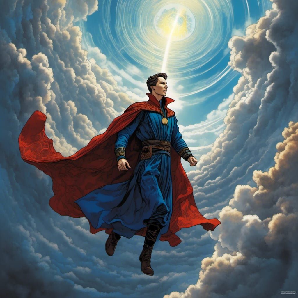 Doctor Strange Flies Through Clouds in Ligne Claire Style