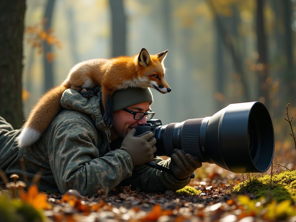 Wildlife Photographer with Fox Companion in Forest