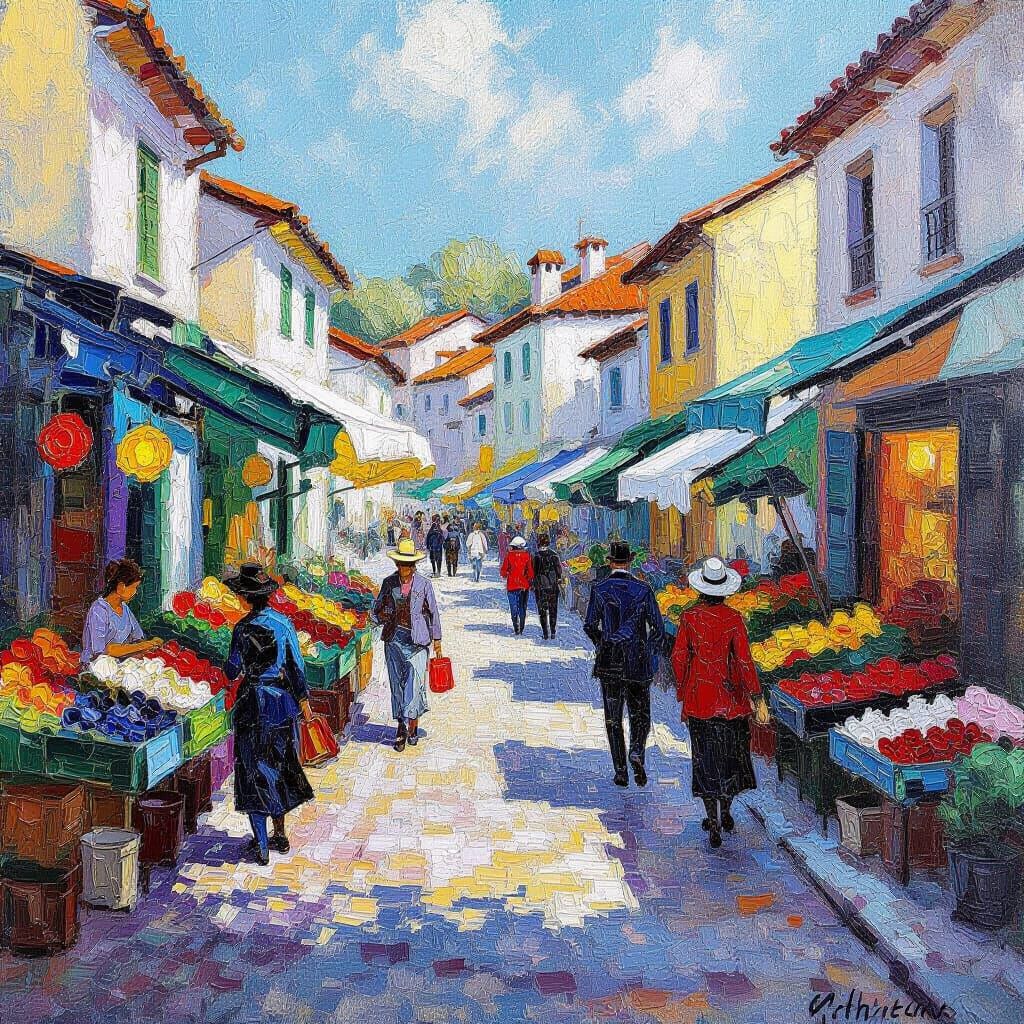 Vibrant Marketplace Scene in Neo-Impressionist Style