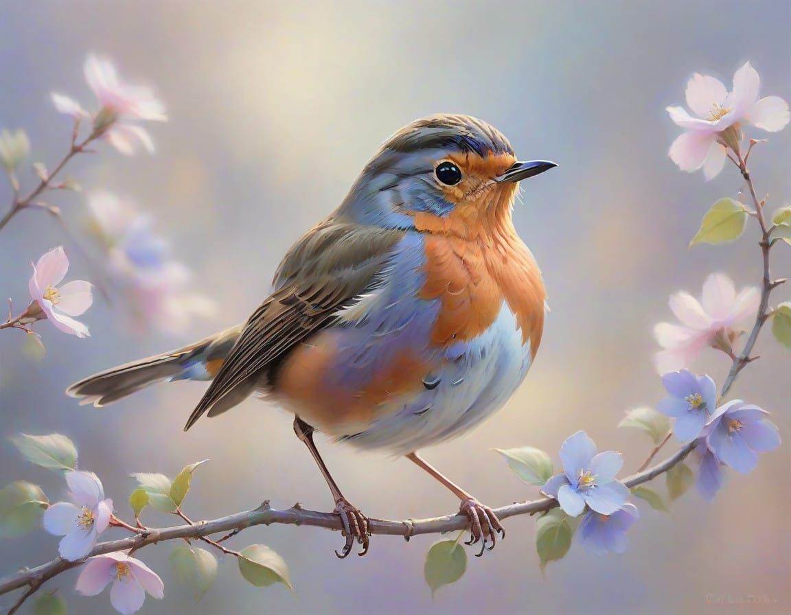 Whimsical Robin in Soft Pastel Impressionism