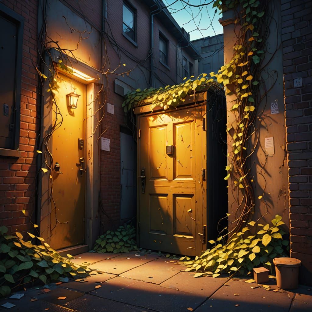 Enchanting Glowing Door Hidden in Surreal Alley