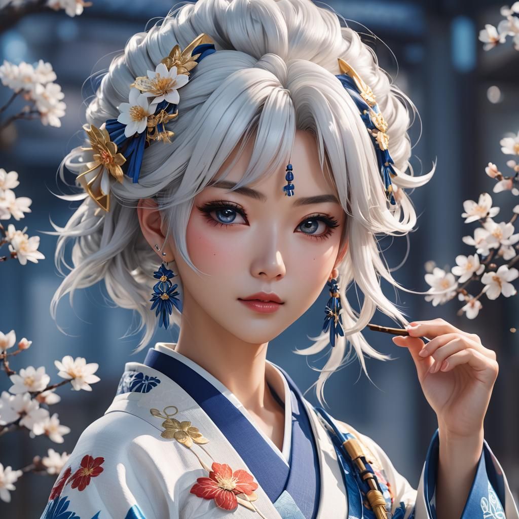 Anime Portrait: White-Haired Woman in Kimono