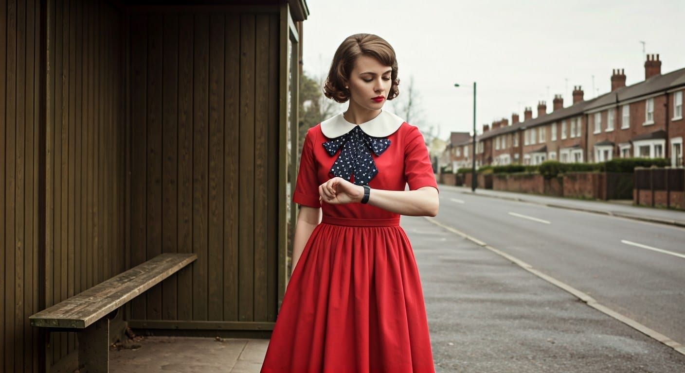 Woman at Bus Stop in British New Wave Style